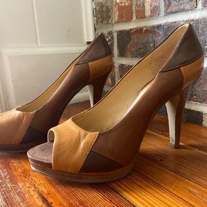 Tan peep toe stiletto heels